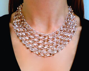 Collar de cadena de plata de ley con cuentas de cristal Swarovski de oro rosa, collar de declaración neutral, correo de cadena, envío rápido