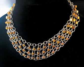 Collar Chainmail de acero inoxidable con cuentas de vidrio de iris de oro de 24K, collar de ópalo, estilo gargantilla con longitud ajustable, plata y oro rosa
