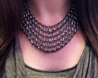 Beaded and Layered Chunky Statement Necklace, Copper Gunmetal and Silver Chains with White Opal Glass Beads, Boho Chic Jewelry