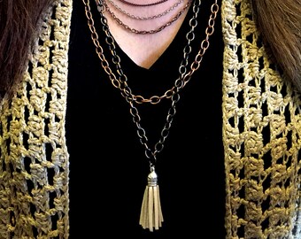 Layered and Long Silver & Antique Copper Tassel Necklace, Trending Accessories, Tiered Necklace