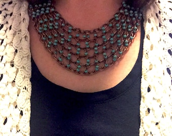 Copper & Turquoise Chunky Beaded Necklace, Turquoise Statement Necklace, Boho Jewelry