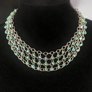 Four Row Layered Stainless Steel Chainmail Necklace with Turquoise Glass Beads, Beaded Chains Necklace, Turquoise Jewelry, Chainmaille