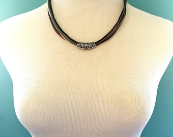 Leather Necklace, Black, White, Bronze &  Antique Silver Layered Necklace, Boho Chic Jewelry