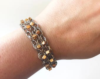 Pulsera Chainmaille de oro inoxidable con cierre de palanca, pulsera entonada de plata y oro, ligero