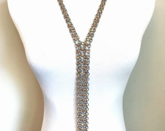 Long Chainmail Statement Necklace, Metallic Gold Beads on Extra Lightweight Stainless Steel Chain