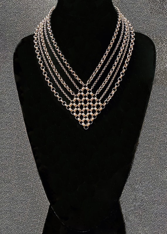 Diamond Shaped Stainless Steel Statement Necklace, Chainmaille Necklace, Silver