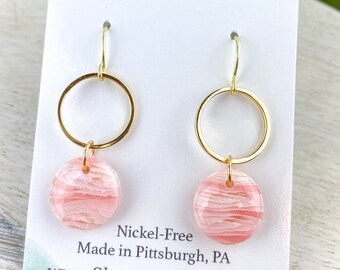 Baby Pink and Gold Clay Earring, Cute Clay Statement Earring, Nickel-Free Earring - Light Shine Jewelry, Lightweight Earring, Matthew 5:16