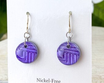 Purple Geometric Textured Clay Circular Dangle Earring, Iridescent Purple Lightweight Nickel-Free Clay Drop Earring, Light Shine Jewelry