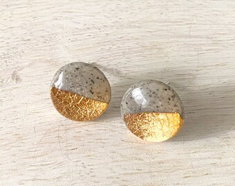 Gray and Gold Leaf Circular Stud Earrings, Lightweight Clay Earring, Light Shine Jewelry, Nickel Free Clay Earring, Gray and Gold