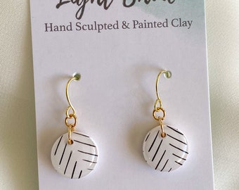 Small Black and White Patterned Clay Circle Drops - Nickel-free Polymer Clay Dangle Earring, Light Shine Jewelry, Lightweight