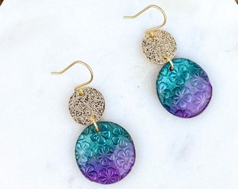 Purple and Turquoise Clay Lynda Circle Shape Drop Earring | Textured Clay Dangle Earring | Light Shine Jewelry | Nickel-Free Statement