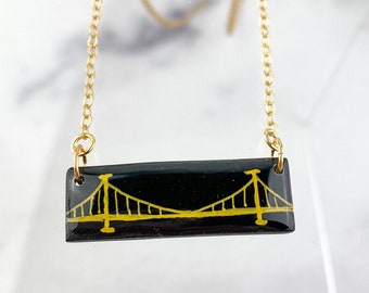 Pittsburgh Jewelry | Clay Bridge Necklace | Light Shine Lightweight Clay Black and Gold-Hand Drawn Adjustable Bar Necklace