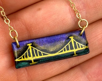 Pittsburgh Jewelry | Bridge Bar Necklace | Cityscape Jewelry | Yinzer Gifts | Light Shine Jewelry | Hand Drawn Clay Necklace | Horizontal