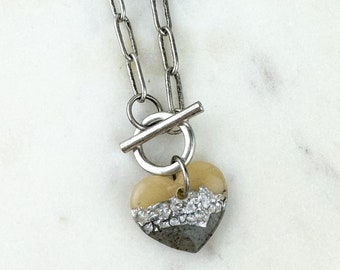 Valentine Clay Heart Paperclip Necklace | Silver w/Gray | Silver Paperclip Chain Statement Necklace | Light Shine Jewelry