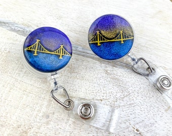 Pittsburgh Bridge Hand Drawn Clay Badge Reel | Yinzer Gifts | Pittsburgh Gifts for Nurses | Handmade ID Holder | Gifts for Co-workers