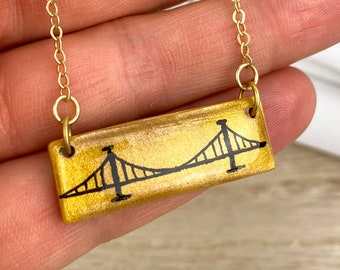 Pittsburgh Jewelry | Clay Bridge Necklace | Light Shine Lightweight Clay Black and Gold-Hand Drawn "Tiny Bridge" Adjustable Bar Necklace