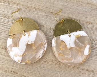White and Translucent Clay Circle Statement Earring, Solid Brass Accent, Polymer Clay Drop Earring, Light Shine Jewelry | Lightweight Dangle