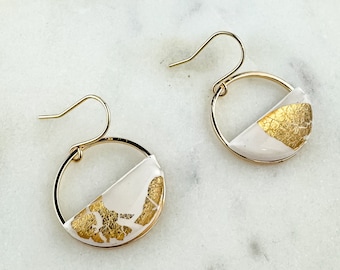 Half Circle Clay Statement Earring, White and Gold Leaf Clay Drop Earring, Modern Lightweight Clay Earring, Light Shine Jewelry