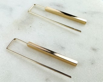 Geometric Gold Stick Drop Earring, Nickel-Free Gold Plated Brass | Lightweight Gold Long Dangle Earring