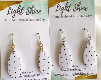 Black and White Polka Dot Clay and Gold Leaf Teardrop Shaped Earring, Classic Earring, Lightweight Nickel-Free, Light Shine Jewelry