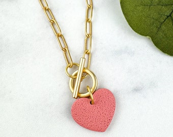 Valentine Clay Pink Heart Paperclip Necklace in Gold | Gold Paperclip Chain Statement Necklace | Light Shine Jewelry | Clay & Resin Pendant