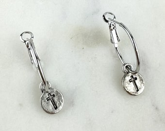 Cute Tiny Cross Earring, Nickel-Free Silver Plated Pewter- Light Shine Jewelry, Lightweight  Fun Hoop Earring |  Summer Christian Drop