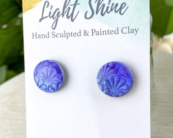 Lightweight, Nickel-Free Clay Stud Earrings, Light Purple and Periwinkle Blue Floral Textured Circular Earring, Light Shine Jewelry