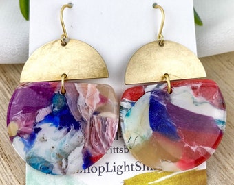 Multicolor Clay Marble Effect Statement Earring | Solid Brass Accent, Polymer Clay Drop Earring, Light Shine Jewelry | Lightweight Dangle