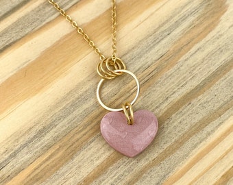 Leslie | Valentines Necklace | Clay Heart Pendant Pink | Polymer Clay Pink Tiny Hearts Gold Pendant Necklace | Light Shine Jewelry