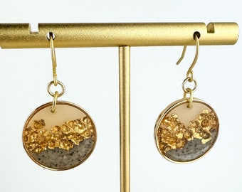 Gray & Neutral, Hammered Gold Look Clay Lynda Circle Shape Drop Earring | Textured Clay Dangle Earring | Lightweight Statement Earring