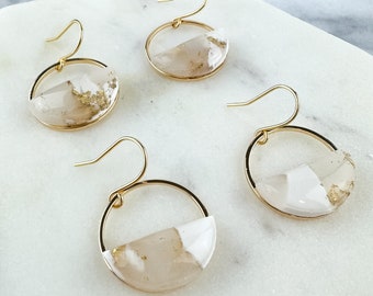 White and Translucent Clay Circle Statement Earring, Polymer Clay Drop Earring, Light Shine Jewelry | Lightweight Dangle