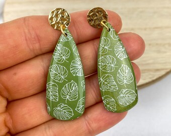 Clay Drop Earring | Monstera Leaf Spring Jewelry | Lightweight Plant Lover Stud | Plant Mamma Earring | Light Shine Jewelry | Green Leaf