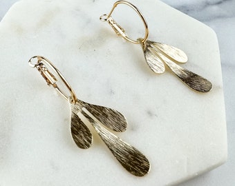 Cute Leaf Earring, Nickel-Free Gold Plated Brass | Lightweight Fun Hoop Earring | Leverback Hoop | Brushed Metal Abstract Leaf Earring