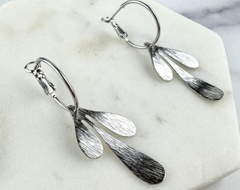 Cute Leaf Earring, Nickel-Free Rhodium (Silver) Plated Brass | Lightweight Earring | Leverback Hoop | Brushed Silver Abstract Leaf Earring