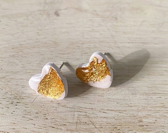 Tiny White and Gold Leaf Heart Clay Stud Earring, Polymer Clay Heart Earring, Valentines Day Earring, Nickel Free Lightweight Heart Earring