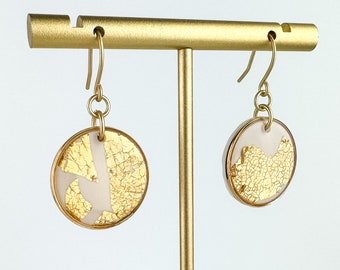 White Clay and Gold Leaf Circle Statement Earring, Polymer Clay Drop Earring, Modern Lightweight Clay Earring, Light Shine Jewelry