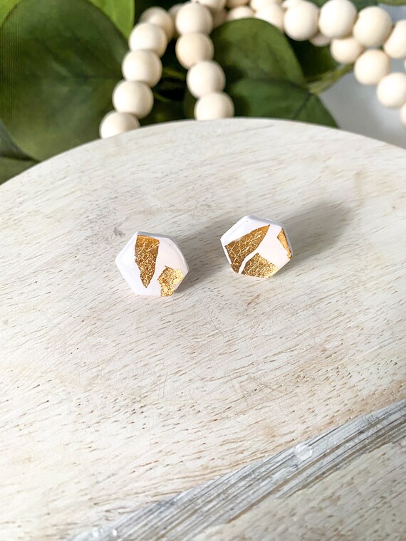 White Clay and Gold Leaf Hexagon Stud Earrings Lightweight Clay