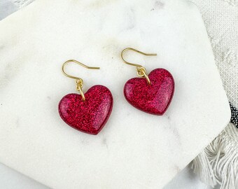 Valentines Heart Dangle Earring | Pink Glitter Clay Heart Drop | Valentines Clay Earring | Nickel Free Polymer Clay | Light Shine Jewelry
