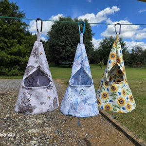 Small Beehive, Medium Beach, and Large Sunflower Flip and Clip Clothespin Bags