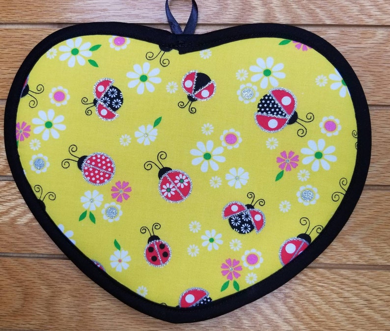 Set of two Ladybugs and flowers handmade heart potholders