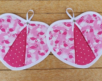 Set of Two Handmade Pink Flamingo Heart Shaped Potholders