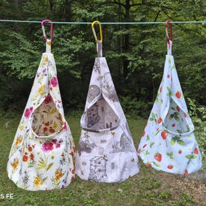Cotton Duck Small Strawberry, Medium Bee and Beehive, and Large Pink Floral Clothespin Bags