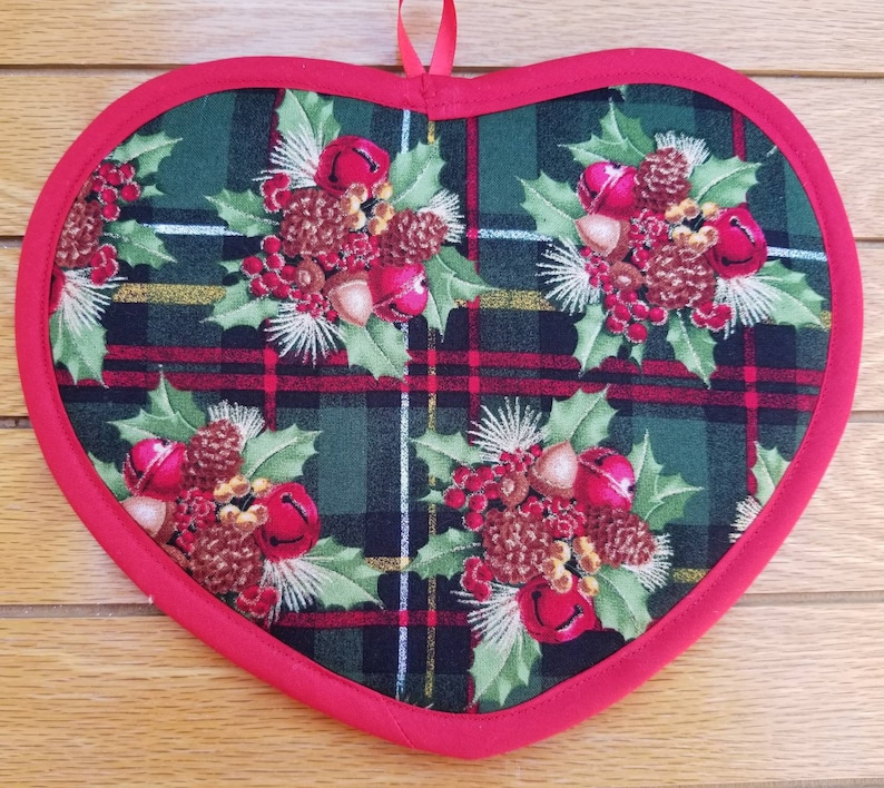 Set of two Handmade handy heart Christmas holly and bells potholders pinecones