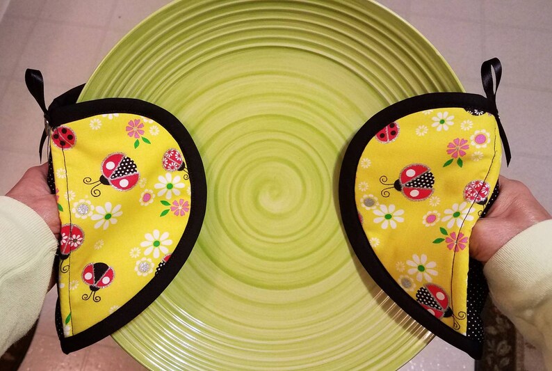 Set of two Ladybugs and flowers handmade heart potholders