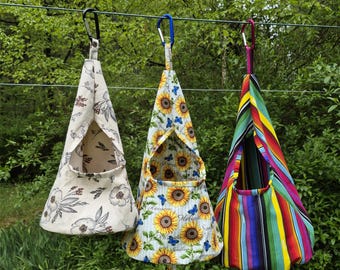 Cotton Duck Clothespin Bags, Small Brown Floral, Medium Sunflower, Large Striped Prints
