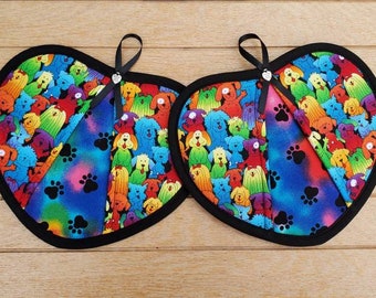 Set of two handmade colorful dogs heart shaped potholders