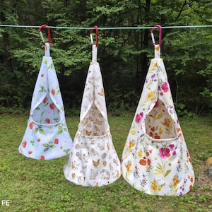 Cotton Duck Small Strawberry, Medium Chicken, and Large Pink Floral Clothespin Bags