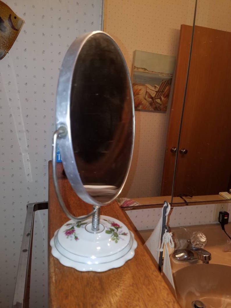 Two sidedTable top mirror ceramic porcelain floral base