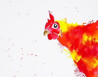 Chicken print, Acrylic ink chicken print, Chicken lovers gifts, Contemporary painting of a chicken, Colourful chicken art. Hen paintings