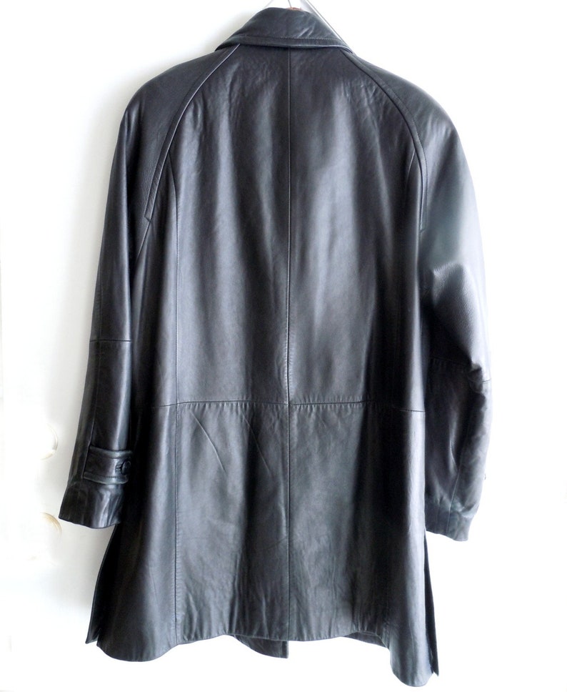 Three Quarter Length Coat Knee Length Leather Coat Women/'s Coat Size ML A-Line Leather Coat Black Leather Coat
